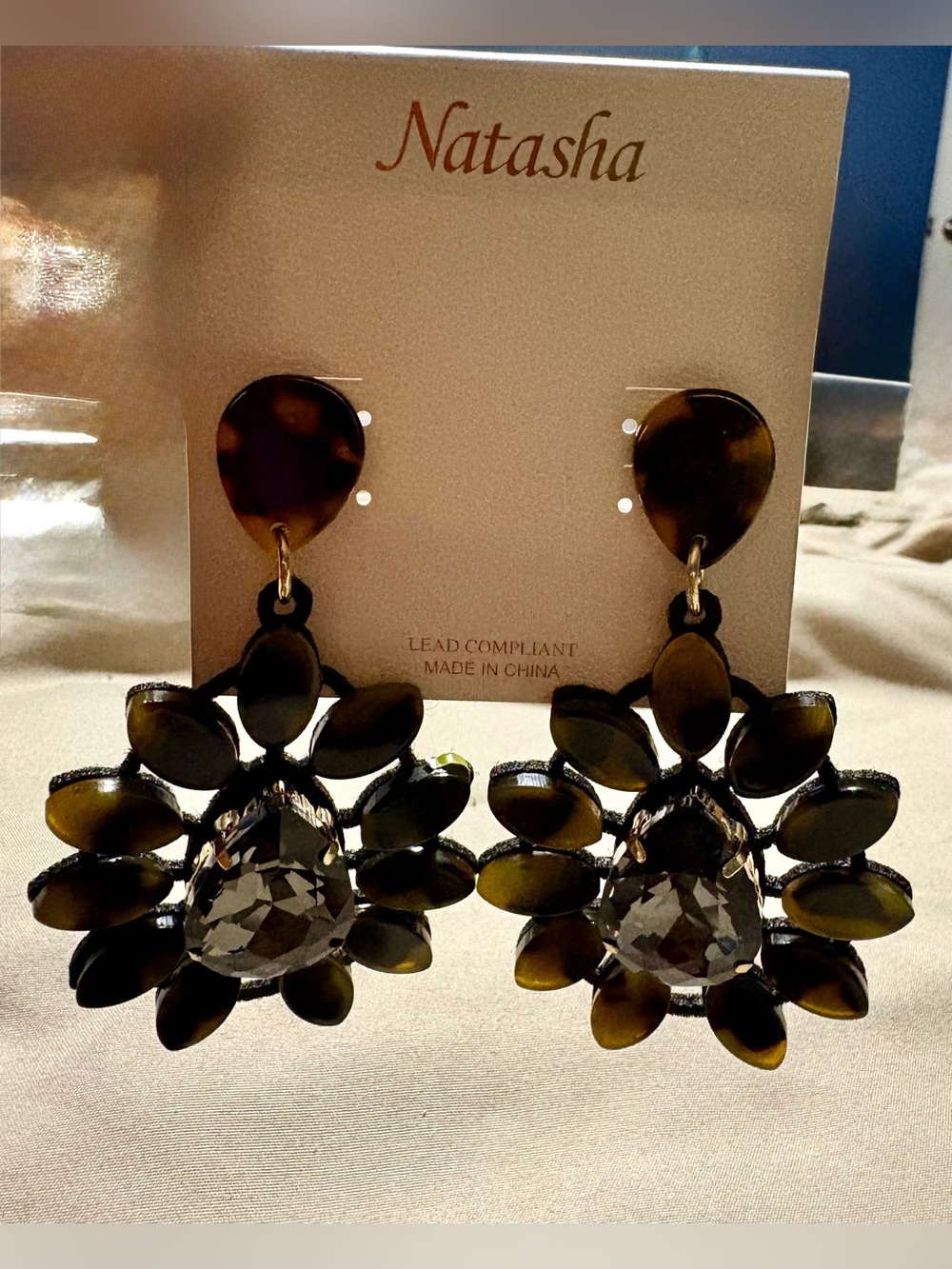 Natasha Tortoiseshell Floral Crystal Statement Dangle Earrings NWOT